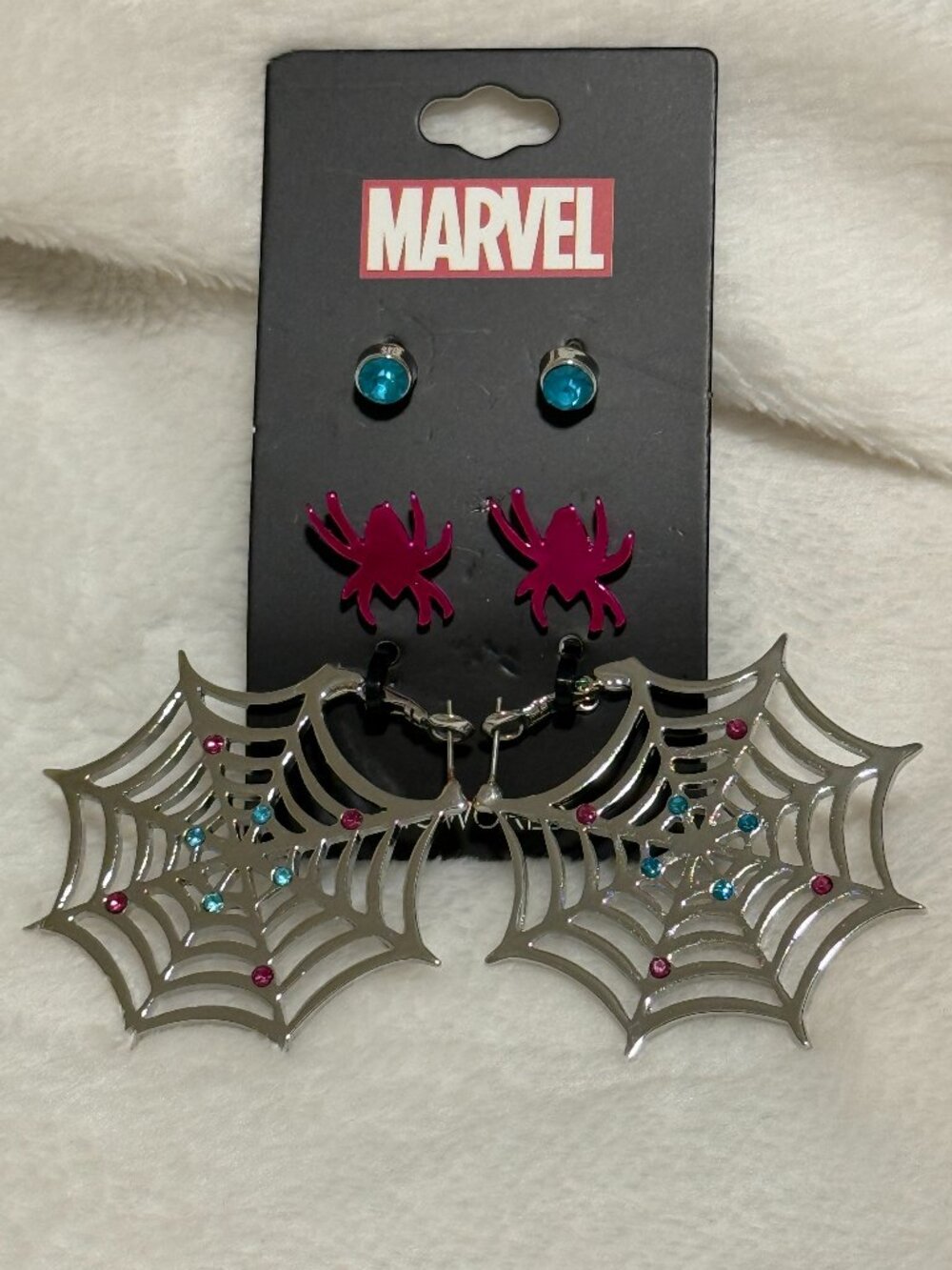 NWT Marvel Spider-Gwen 3-Pair Earrings Pink Spider Web Crystal